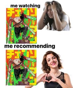 a woman making a heart shape with her hands while standing in front of two pictures that say me watching me recommending