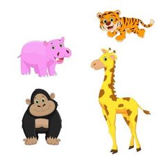 four different types of animals are shown in this image, including a giraffe, an elephant, and a monkey