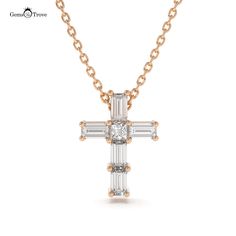 Luxury Diamond Cross Pendant This hand-crafted luxury diamond cross pendant is a stunning piece of jewelry that will make you feel blessed and beautiful. The pendant features a cross design, made of 18k gold in your choice of white, yellow, or rose gold. The cross is embellished with six natural diamonds, round and baguette cut and prong-set, with a total carat weight of 0.38ct. The diamonds have an average color of F/G and an average clarity of VS/SI, meaning they are near colorless and very slightly included. The pendant has an average diameter of 9x6.50mm and an average weight of 2.50g. The pendant hangs from a fine, 18k gold chain that matches the color of the cross. This luxury diamond cross pendant is a timeless and elegant accessory that will add a touch of sparkle and sophisticatio Stackable Ring Sets, 18k Gold Chain, Halo Earrings, Luxury Diamonds, Diamond Cross Pendants, Average Weight, Diamond Cross, Cross Design, Ring Pendant Necklace