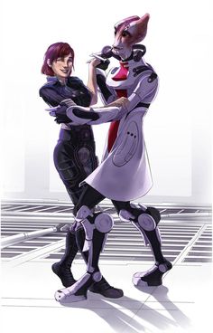 two people dressed in futuristic garb, one is holding the other's hand