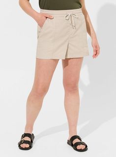 FIT Model is 5'10” wearing size 1. . High rise. . 3. 5” inseam. . MATERIALS + CARE Cotton poplin woven fabric. . 98% cotton, 2% spandex. Machine wash cold. Dry low. Imported. DETAILS Drawstring waistband. . Pockets. . The best plus size women's 3. 5” pull-on poplin short woven shorts in chateau gray made of poplin. Rock your look from Torrid to Festivals like Coachella and Lollapalooza, a concert, a show, or just for fun! Spring Cotton Neutral Shorts, Spring Neutral Cotton Shorts, Black Peacoat, Short Weave, Bottom Clothes, Drawstring Waistband, Cotton Poplin, Woven Fabric, Fitness Models