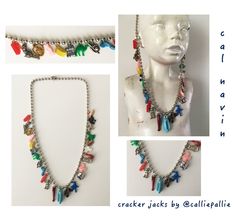 Offered is a vintage Cracker Jack Necklace, featuring many different charms that were popular in the 1920's - 1950's, and 60's. Colorful plastic, celluloid and metal clad. Vintage charms made into Cracker Jack Necklaces by Detroit artist Cal Navin. She has made Cracker Jack Necklaces for models, actresses, and people in the Italian fashion industry. They are both fun and fashion forward. Please email me with any questions you may have, Thanks for browsing. Cracker Necklace, Cowgirl Necklaces, Cracker Jack, Cracker Jacks, Assemblage Jewelry, Pink Plastic, Western Jewelry, 1950s Fashion, Necklace Vintage