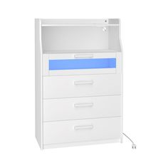 a white and blue filing cabinet with three drawers