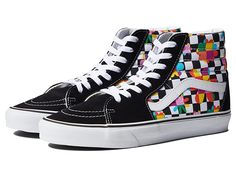 Vans SK8-Hi - Skate Shoes : (Floral Checkerboard) Black/True White : Keep it old school every step of the way with the classic Vans SK8-Hi skateboard shoes! High-top skate shoes with a classic silhouette and Sidestrap detail. Uppers of suede, leather, or canvas. Cotton drill lining. Padded collar for added comfort and support. Triple-stitch collar adorns collar. Die-cut EVA insert. Vulcanized construction: • Slimmed-down profile offers a flexible feel. • Gum rubber outsole with signature waffle Retro Skate Shoes For Skateboarding In Spring, Vans High-top Sneakers For Skateboarding With Contrast Sole, Vans High-top Sneakers With Contrast Sole For Skateboarding, Vans High-top Skate Shoes With Contrast Sole, Retro Lace-up Skate Shoes With Speckled Midsole, Retro High-top Vans Sneakers, Canvas High-top Sneakers With Contrast Sole For Skateboarding, Vans High-top Sneakers With Contrast Sole, Canvas Sneakers For Skateboarding With Round Toe