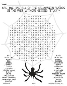 a halloween word search with an image of a spider in the center and words below it