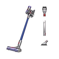 an image of a blue and silver cordless stick vacuum with attachments on white background