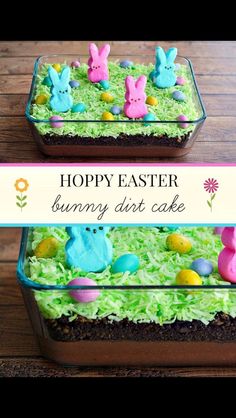 two trays filled with green grass and decorated easter bunnies