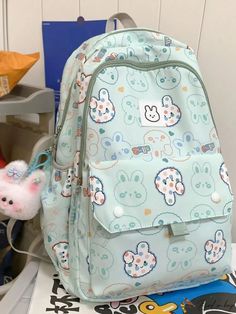 Bird in Bag - Womens Student Backpack with Charm Pendant - High Capacity Cute Green Backpack For Everyday Use, Pattern Backpack, Cartoon Bag, Rabbit Pattern, Patterned Backpack, Student Backpacks, Classic Backpack, Bird In Bag, Teen Girls