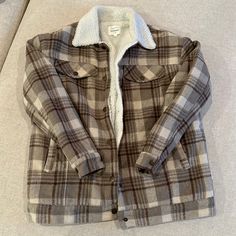 Bohme Sherpa Plaid Jacket Worn Once Brand New Condition Size Xs Plaid Sherpa Jacket Outfit, Trendy Plaid Button-up Outerwear, Checkered Sherpa Jacket, Plaid Wool Button-up Outerwear, Double-breasted Plaid Outerwear With Button Closure, Sherpa Jacket, Plaid Jacket, Christmas Wishlist, Jackets & Coats