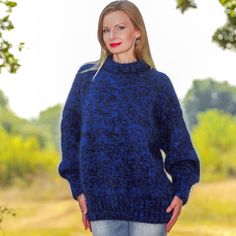 Ready to ship mohair sweater by SuperTanya Brand:  SuperTanya; Style: hand knitted mohair sweater; Material: premium class mohair; Color: Black and blue Design: Plain design mohair sweater; Size XL-XXL Body length, measured from the shoulder top to the bottom end: 27.6" / 70 cm; Chest width, measured at the back, between the underarms: 24.8″ / 63 cm; Sleeve length, measured from the neckline to the end of the cuff: 28.7″ / 73 cm Net weight:0.930  kg. The lady modeling is 5'8'' (174 cm) tall, bus Blue Hand-knitted Mohair Sweater, Blue Hand Knitted Mohair Sweater, Mohair Sweaters, Fuzzy Pullover, Mens Pullover, Blue Hand, Mohair Sweater, Favorite Sweater, Sweater Material