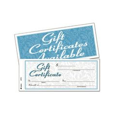 two blue and white gift certificates with the words, gift certificate available on them