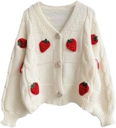 Knitted Strawberry, Strawberry Knit, Cardigan Aesthetic, Korean School, Kawaii Strawberry, Knit Cropped Sweater, Unique Sweaters, Cropped Pullover, Cropped Cardigan Sweater