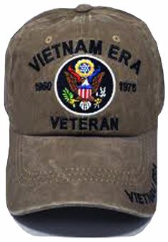 US Vietnam War ERA Veteran tan Hat, 1960 to 1975 Embroidered letters Celebrates the service of Vietnam ERA Veterans Adjustable strap to fit most adults, men and some women Pre-curved bill. Structured, low-profile crown, button top and sewn eyelets for ventilation Durable, soft brushed Cotton Dark khaki brown, black colors Vintage Khaki Baseball Cap, Vintage Brown Visor Baseball Cap, Vintage Brown Baseball Cap With Embroidered Logo, Vintage Military Visor Hat, Vintage Khaki Cap, Veteran Hats, Tan Hat, Embroidered Letters, American Veterans