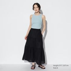 Crinkle Cotton Tiered Skirt | UNIQLO US Tiered Maxi Skirt With Layered Hem, Tiered Maxi Skirt For Layering, Casual Tiered Pleated Maxi Skirt, Uniqlo Lined Skirt For Spring, Casual Black Tiered Maxi Skirt, Tiered Ruffle Skirt For Layering, Flowy Tiered Layered Skirt, Uniqlo Casual Skirt For Spring, Black Tiered Maxi Skirt For Summer