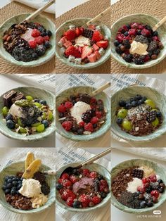 several pictures of different bowls of food with strawberries, grapes, and blueberries in them