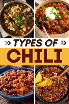 different types of chili in bowls with text overlay