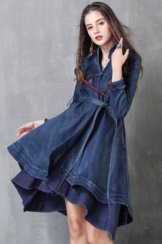 Long Denim Coat, Retro Type, Embroidery Coat, Coat Collar, Embroidery Denim, Slim Fit Coat, Denim Coat Women, Denim Embroidery, Denim Trench Coat