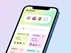 an iphone with the club chat app displayed on it's screen and in front of a pastel background