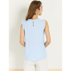 The ruffled sleeveless design would show demure, feminine grace, and also lend shape and texture. Crafted from a lightweight material, it is shaped with an elegant crew neckline, and pleat detailing, and comes in a relaxed cut for easy, breezy wear. This vintage blouse top is designed with ruffled trim and solid color, especially for a professional look at work. Sleeveless Ruffle Blouse, Ruffled Sleeveless Blouse Tank Top For Work, Ruffled Sleeveless Blouse For Work, Blue Sleeveless Ruffled Tops, Feminine Sleeveless Blue Blouse, Blue Ruffled Sleeveless Blouse, Light Blue Feminine Blouse With Ruffles, Feminine Light Blue Blouse With Ruffles, Blue Ruffled Straps Tank Top