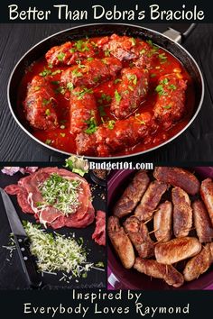 there is a collage of different foods in the same pan, including meats and vegetables