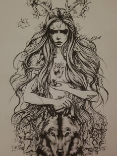 a drawing of a woman with two wolfs on her shoulder and the other half of her body