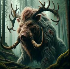 an animal with large horns standing in the woods