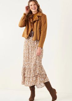 Add some country charm to your fall wardrobe with an easy fit and flowy maxi skirt. Long petticoat tiers style up this darling fall floral with comfy elastic waist silhouette. 100% Viscose Flowy Maxi Skirt, Flowy Maxi Skirts, Skirt Long, Country Charm, Fall Floral, Fall Wardrobe, Moto Jacket, Layering Pieces, Petticoat