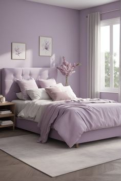 a bedroom with purple walls and bedding in the center, along with a rug on the floor