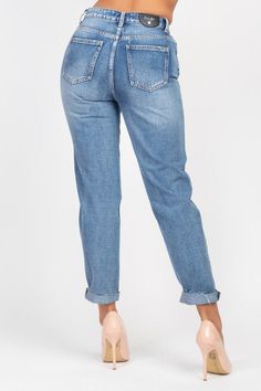 These trendy high waist boyfriend jeans will add the cutest touch to your wardrobe. They feature zip-fly button, five pocket design, and a frayed ankle hem that worn with or without a cuff.38 High-waisted Blue Jeans With Frayed Hem, Ankle-length Jeans With Pockets In Denim Blue, Relaxed Fit Ankle-length Denim Blue Jeans, Non-stretch Denim Blue Jeans With Frayed Hem, Non-stretch Distressed Medium Wash Jeans, Boyfriend Jeans, Levi Jeans, Mom Jeans, High Waisted