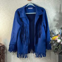 Gorgeous Women’s Blue Faux Suede Jacket By Misslook. Accented With Fringe On Sleeve Bottoms, Front Center Down And Front And Back Bottom. New Without Tags. Size Xxl. Measures: 18 Inch Shoulder To Shoulder 29 Inch Shoulder To Bottom 21 Inch Pit To Pit 24 Inch Sleeve Winter Long Sleeve Outerwear With Tassels, Winter Outerwear With Tassels And Long Sleeves, Blue Long Sleeve Outerwear With Tassels, Spring Blue Outerwear With Tassels, Blue Spring Outerwear With Tassels, Blue Outerwear With Tassels For Spring, Fringe Long Sleeve Outerwear For Winter, Blue Fringe Outerwear For Fall, Blue Fringe Outerwear For Spring