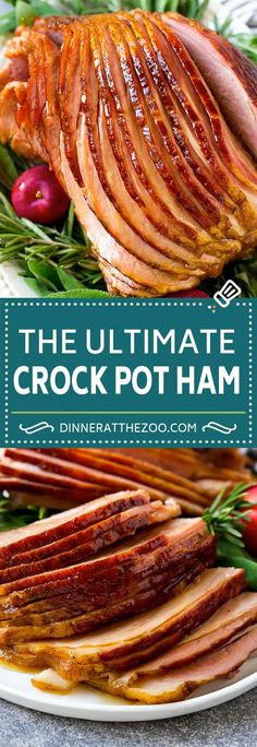 the ultimate crock pot ham on a white plate