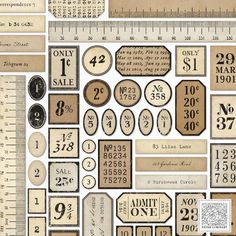 an assortment of old fashioned labels, numbers and stickers for sewing or crafting