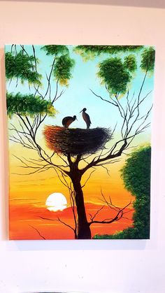 an acrylic painting of two birds sitting in a nest on top of a tree