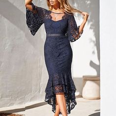 Season:Summer,Spring,Autumn,Fall; Fabric:Lace; Sleeve Length:Half Sleeve; Look After Me:Hand wash; Gender:Women's; Style:Elegant,Modern,Fashion,Sexy; Elasticity:Micro-elastic; Occasion:Weekend,Outdoor,Club,Going out,Daily,Party,Holiday,Vacation,Date,Spring Dress,Cocktail Party,Wedding Guest; Fit Type:Slim; Dresses Type:High Low Dress,Lace Dress,Party Dress,Trumpet Mermaid Dress,Bodycon,Sheath Dress; Pattern:Pure Color; Design:Lace,Plus High Low; Neckline:Crew Neck; Front page:FF; Listing Date:05 Aline Cocktail Dress, Elegant Spring Dresses, Lace Wedding Guest Dress, Lace Mermaid Dress, Mermaid Midi Dress, Midi Dress Elegant, Women Lace Dress, Evening Dresses For Weddings, Lace Mermaid