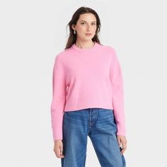 Women's Cozy Knit Crewneck Pullover Sweater - Universal Thread™ Pink XS Trendy Knit Sweatshirt In Solid Color, Trendy Solid Color Knit Sweatshirt, Pink Sweater Outfit, Plus Size Pink, Solid Color Sweater, Target Clothes, Sweater Outfit, Pink M, Button Front Cardigan