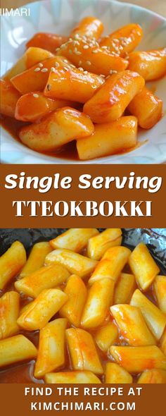 two pictures with different types of food in them and the words, single serving teokki