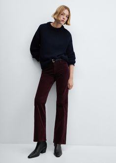 Mid-rise corduroy flared pants - Women | MANGO USA Burgundy Corduroy Pants Outfit, How To Style Corduroy Pants, Brown Corduroy Pants Outfit, Flare Corduroy Pants, Wide Leg Flare Pants, Corduroy Pants Outfit, Burgundy Pants, Corduroy Pants Women, Bell Design