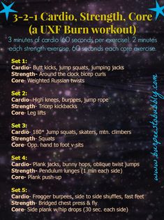 the cardio, strength, core and ux burn workout plan is shown in blue