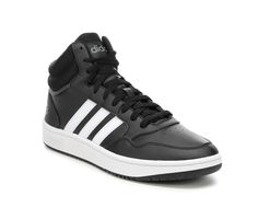 Combination leather and synthetic upper, Mid-top design with padded collar and fabric lining, Lace-up closure for a custom fit, Classic round toe with stitching details, Absorbent fabric lined insole, Durable rubber midsole and outsole with traction pattern, adidas® iconic three stripe details and branding | Men's Adidas Hoops 3.0 Mid Sneakers in Black/WHITE Size 9.5 Medium Adidas High-top Basketball Shoes, Adidas Mid-top Synthetic Basketball Shoes, Adidas Mid-top Basketball Shoes With Abzorb Midsole, Adidas Synthetic High-top Sneakers For Sports, Adidas High-top Synthetic Sneakers For Sports, Adidas Mid-top Basketball Shoes With Logo, Adidas High-top Sneakers With Boost Midsole For Sports, Adidas High-top Sneakers With Cushioned Footbed, Adidas Sporty High-top Basketball Shoes