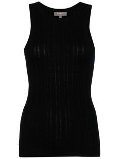 black cotton-silk-cashmere blend ribbed knit round neck sleeveless straight hem Boho Lifestyle, Airport Fashion, Knitted Tops, Rich Girl, Fashion Fits, Knitted Tank Top, Knit Tanks, Black Tank Tops, Cotton Silk