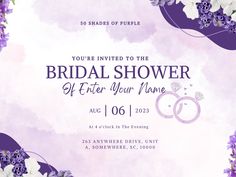 a purple and white bridal shower party card with flowers on the front, in shades of purple