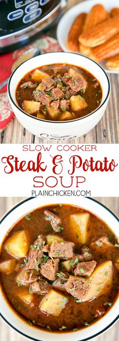 slow cooker steak and potato soup in a bowl