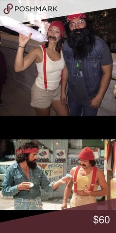 two people dressed up in costumes and one has a fake beard