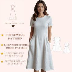 a woman wearing a white dress with stars on the bottom, and text that says sewing pattern