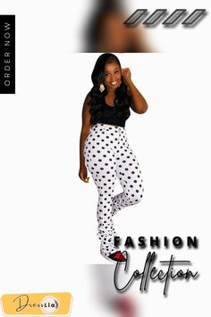 Streetwear High Waist Pleated Stacked Polka Dot Pants Fitted Polka Dot Casual Bottoms, Chic High Waist Polka Dot Bottoms, Chic Fitted Polka Dot Pants, Chic Polka Dot Long Pants, Chic Polka Dot Fitted Pants, Fitted Polka Dot Chic Pants, Polka Dot Pants, 1 Million, Womens Bottoms