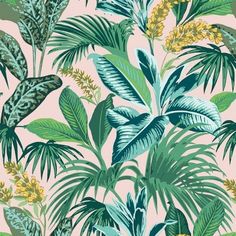 a wallpaper with green leaves and yellow flowers on pink background in an art deco style