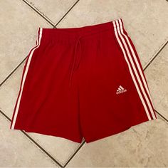 This Is A Pair Of Like New Mens Red Athletic Drifit 3 Striped Adidas Shorts! They Are Basically New Only Tried On! They Are A Size Large And Come From A Smoke Free Home! These Are Very Comfortable And Great For Working Out Or Basketball! I Paid Over $50 With Shipping So You’re Getting A Great Deal For $30 Or Best Offer! Open To Offers!! Casual Red Short Leg Activewear, Casual University Red Bottoms For Gym, Adidas Red Casual Bottoms, Adidas Sporty Red Bottoms, Red Cotton Athletic Shorts For Sports, Red Casual Athletic Shorts, Adidas Cotton Athletic Shorts With Three Stripes, Red Casual Adidas Bottoms, Red Adidas Activewear For Gym