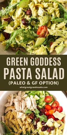 green goddess pasta salad with chicken, tomatoes and lettuce