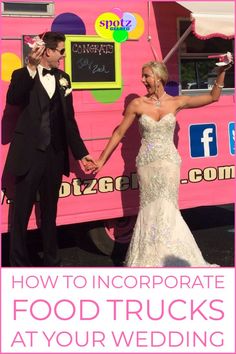 a man and woman holding hands in front of a food truck