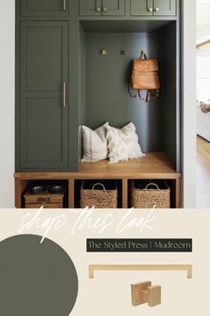 an open closet with green cabinets and white pillows on the floor, next to a wooden bench